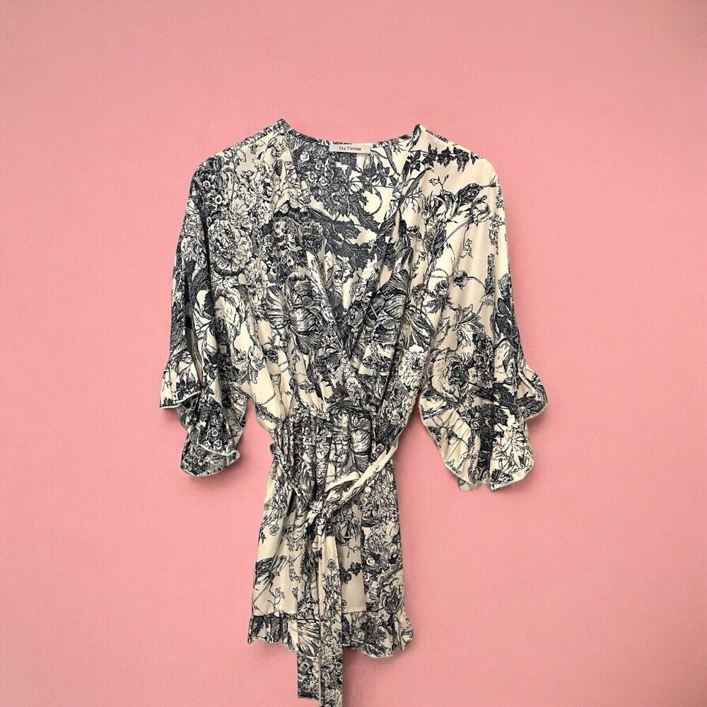 Ces Femme Toile Boho Peasant ruffle romper women’s S Floral Belt Vacation Kimono